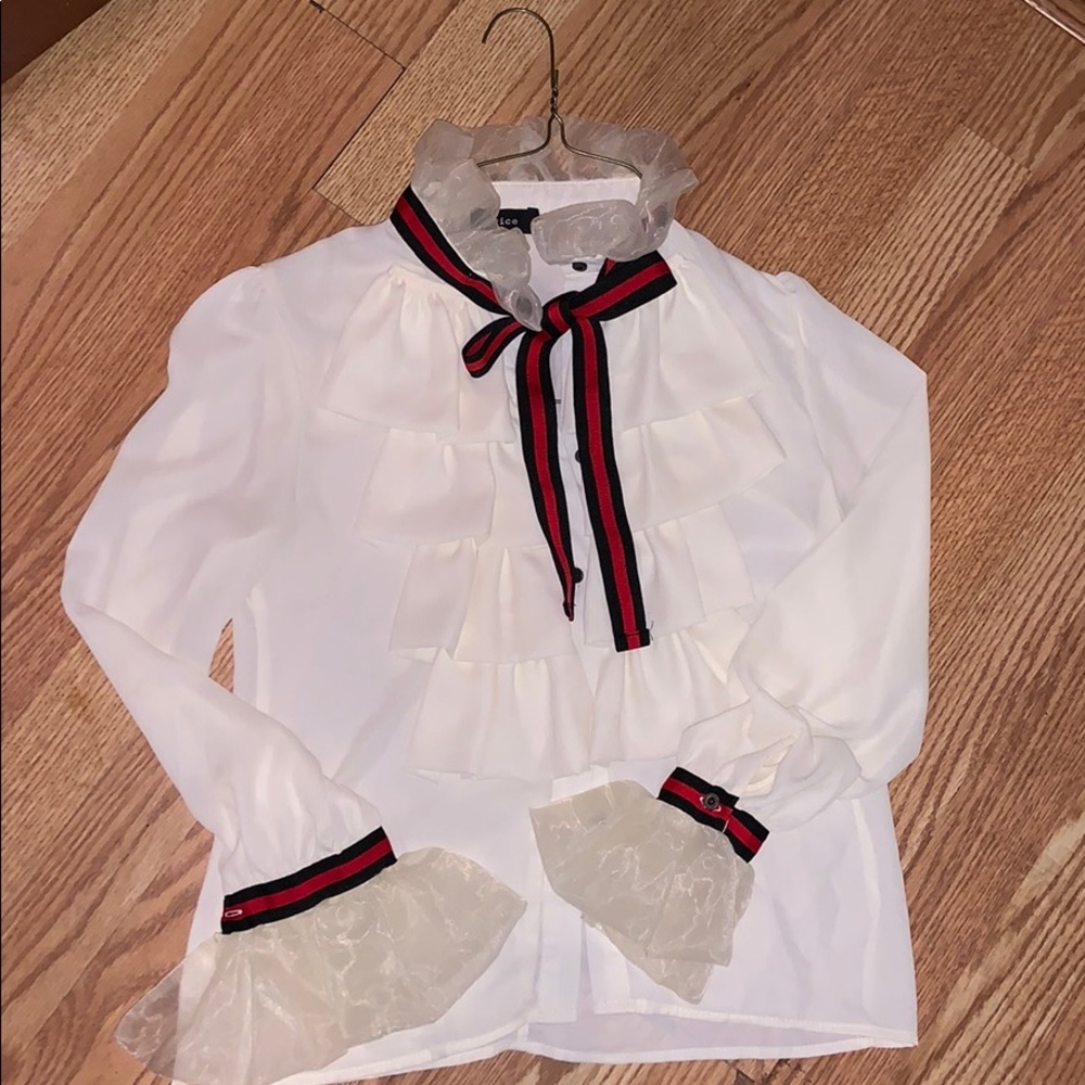 Off White Ruffle Shirt With Red and Black ribbons